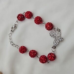 Red Rhinestone Beaded Bracelet Rhinestone Butterfly Silver Tone Fashion Jewelry